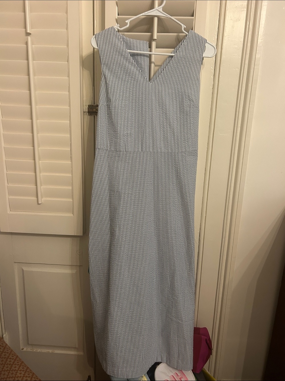 Anne Klein Light Blue and White Striped Sleeveless V-Neck Maxi Dress